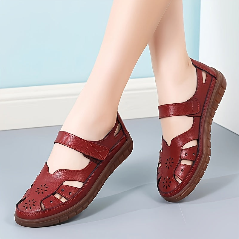 Women's genuine leather sandals with soft sole, cut-out design, casual and breathable.