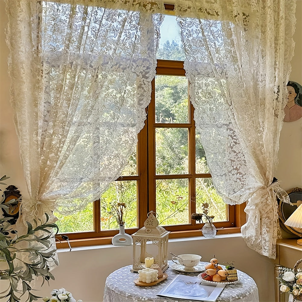 Vintage jacquard sheer curtain set with lace embroidered panels for bedroom, kitchen, restaurants. Washable and unlined, perfect for all seasons with a romantic theme.