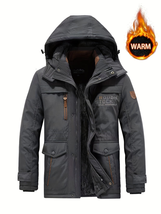 Thick winter coat with velvet lining, multipocket design, hooded for extra warmth and cold resistance