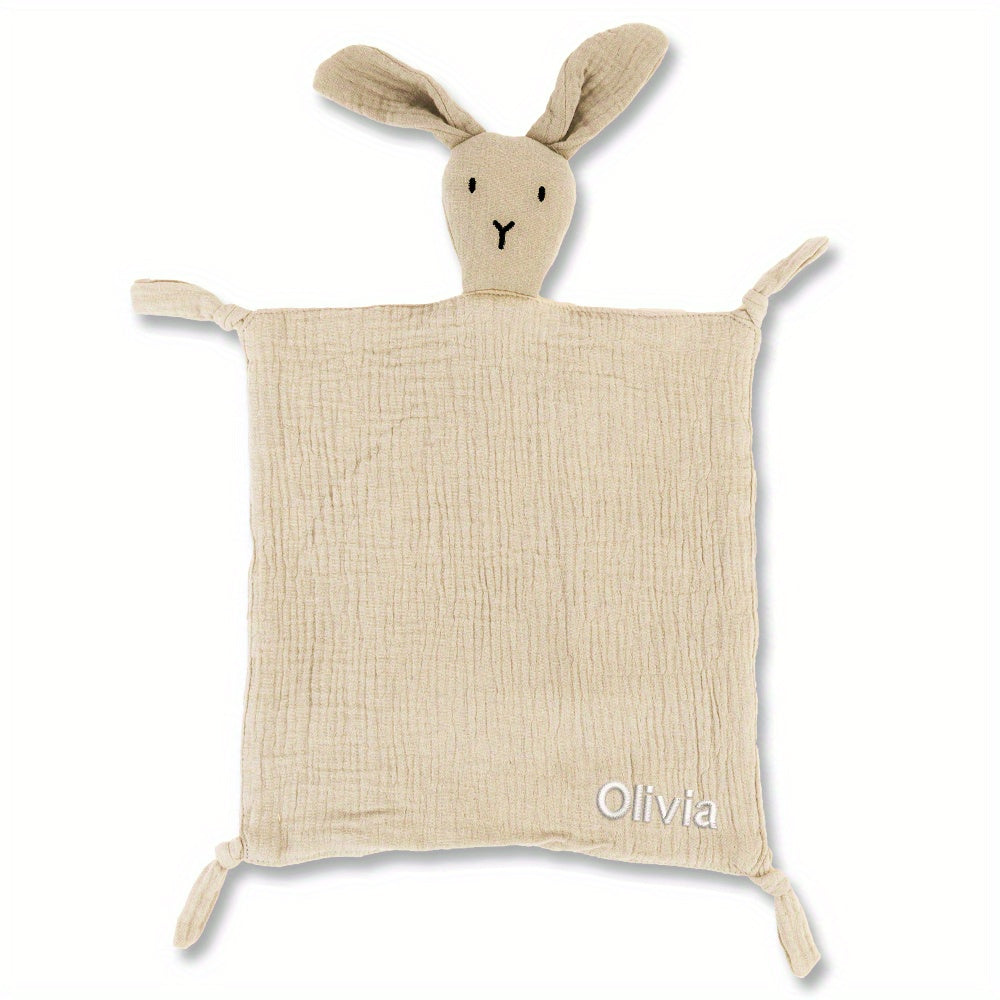 Personalized Bunny Muslin Blanket in Pink, Yellow, Beige, Blue, and Light Brown for Boys and Girls. Customizable with Name. Soft and Breathable. Ideal Kids Gift.