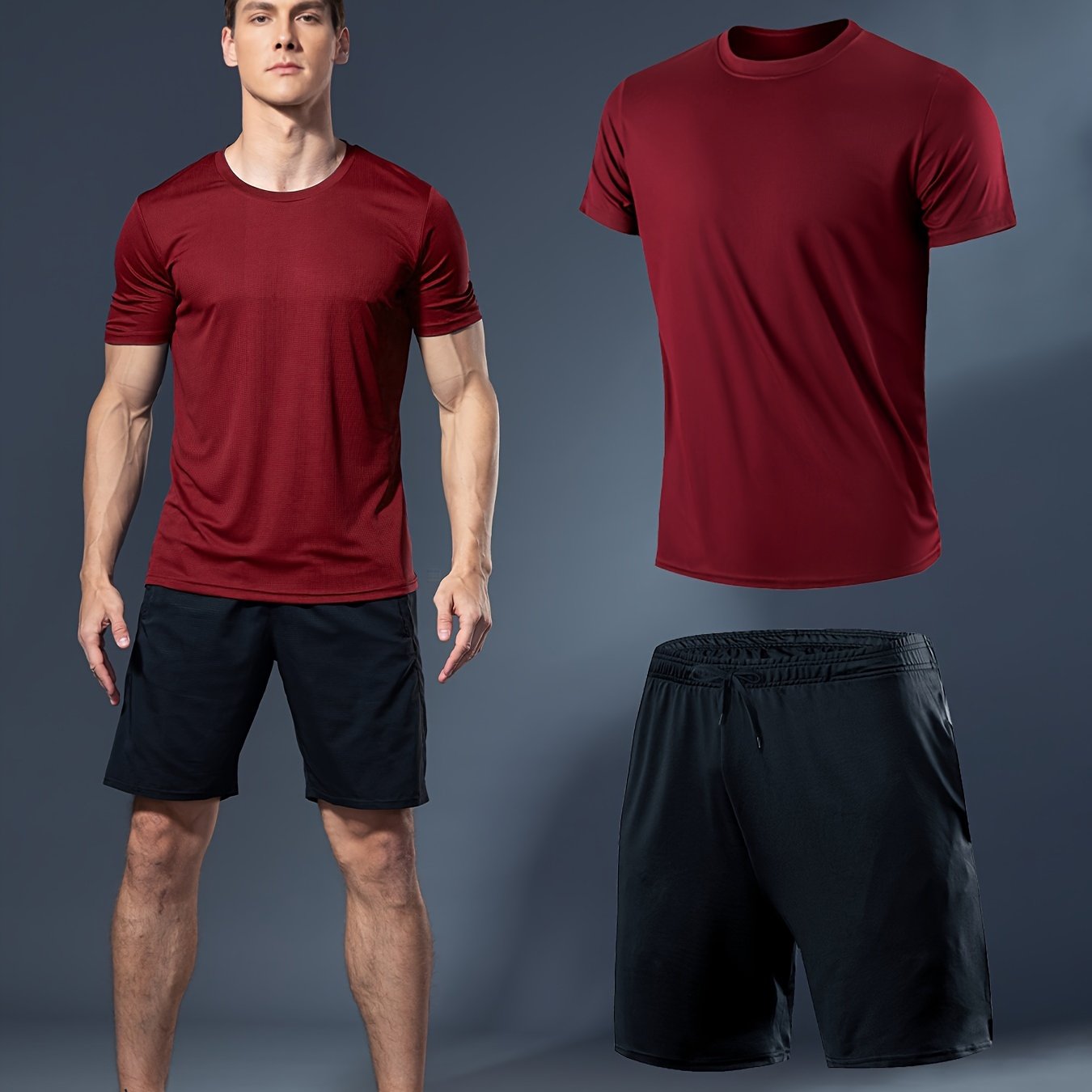 Summer men's fitness set includes white t-shirt and black shorts made of lightweight, quick-dry, breathable polyester for running, basketball training, and athletic wear.