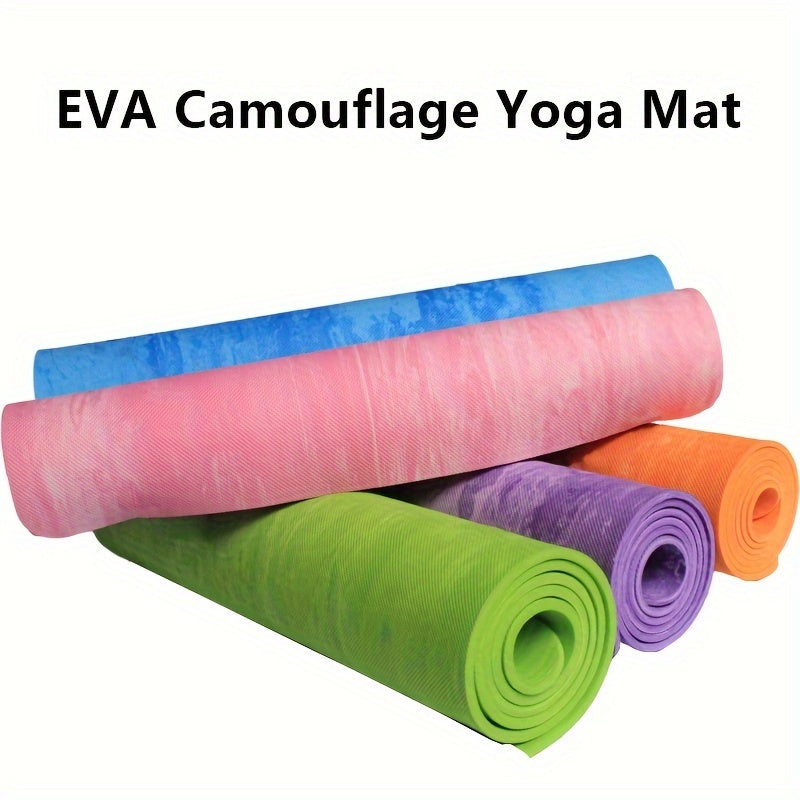 Premium EVA Camo Yoga Mat: Non-slip, sweat absorbent, shock-resistant for home fitness. Lightweight, portable with purple/blue stripe design.