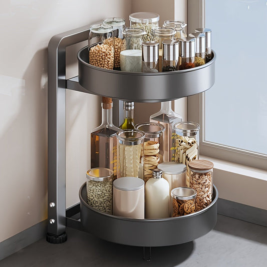 Rotating Kitchen Storage Rack for Seasonings and Condiments - Metal Organizer with Two Tiers and Powder-Coated Finish - Ideal for Jars and Sundries