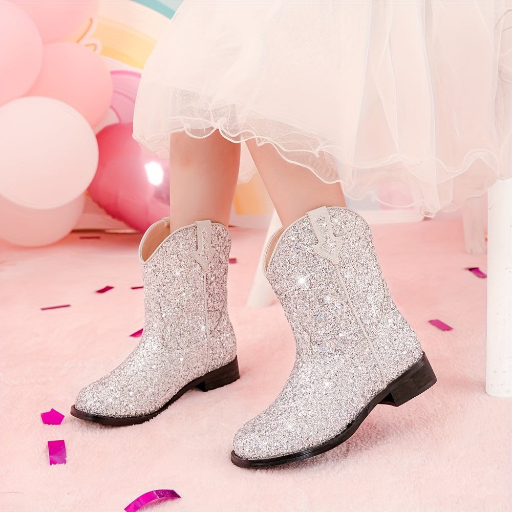 Glittery western-style denim boots for girls with square toes.