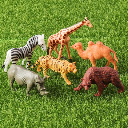 Wildlife animal figures set includes 12 realistic plastic miniature toys of tiger, lion, brown bear, elephant, and buffalo. Ideal for children ages 3-12 for science learning and cognitive