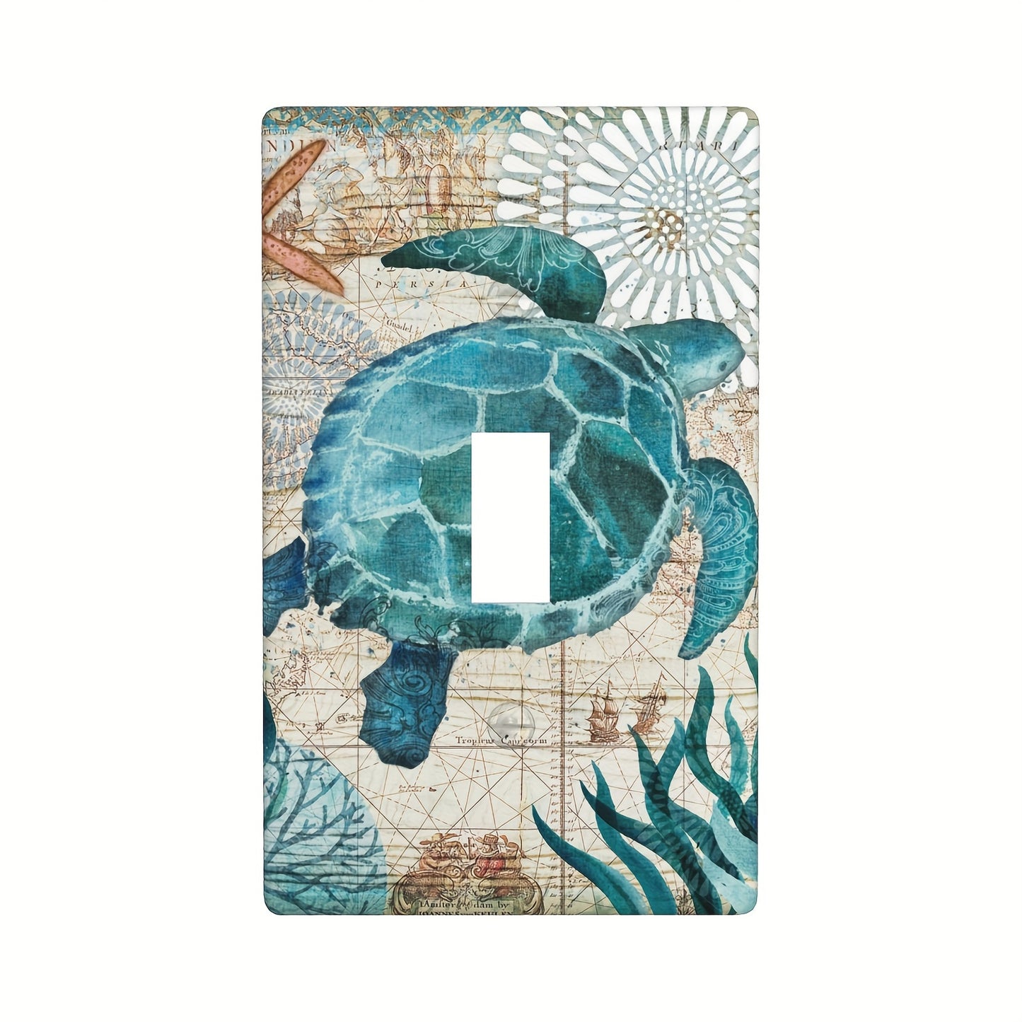 Nautical map design Turtle Single Rocker Switch Plate for decorative lighting in bedrooms, kitchens, and living rooms. No battery or wires required.