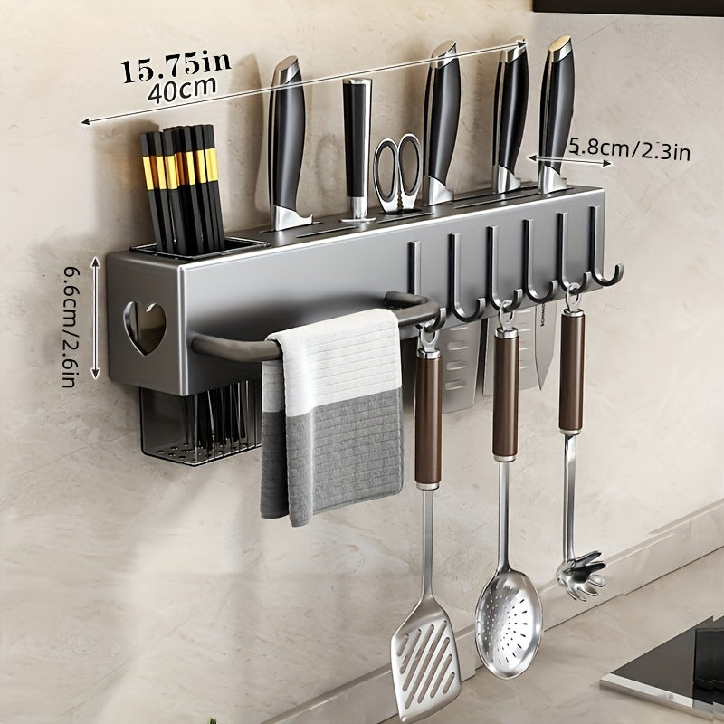 Deluxe kitchen utensil rack organizer with wall-mounted metal and plastic storage shelf for knives, cutlery, and tools. Space-saving, no-drill installation, easy cleaning, and