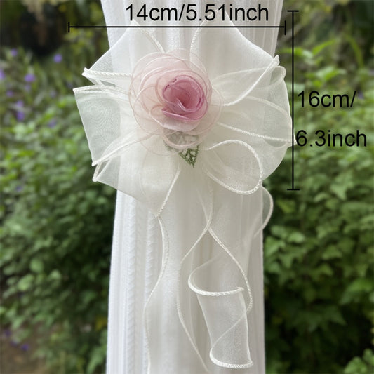 Beautiful French Country Style Lace Curtain Tieback with Artificial Rose, Sheer Organza Ribbon - Perfect for Bedroom, Living Room, Kitchen, Wedding, or Christmas Decor in White Color