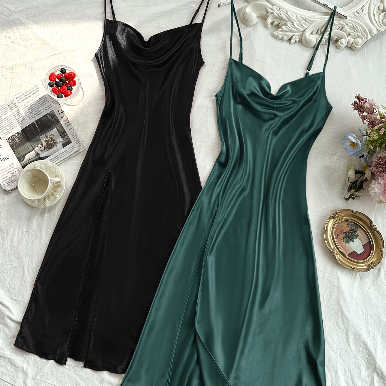 Woman's elegant satin turtleneck sleep dress with backless split, comfortable nightgown.