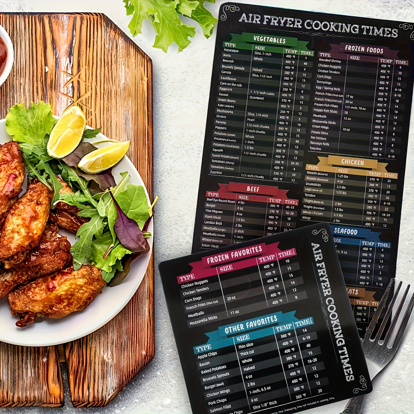 Two pieces of black magnetic air fryer cheat sheets offering cooking times guide for popular foods. Requires no power, making it perfect for kitchen and dining use.