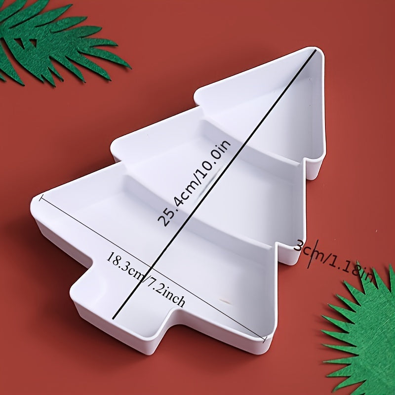 Durable plastic Christmas tree-shaped tray with multiple compartments for snacks and fruit, perfect for holiday entertaining.