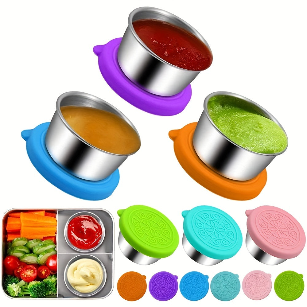 1pc/6pcs of 1.6oz reusable sauce cups with leakproof silicone lids, perfect for salad dressing on-the-go. Ideal for school, bento lunch boxes, restaurants, picnics, and travel. Stainless steel condiment cups.