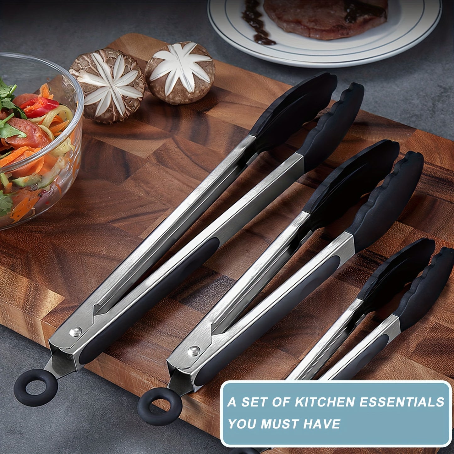 1PC Silicone-tipped Kitchen Tongs, High Heat Resistant with Locking Feature, Heavy Duty with Great Grips, available in 7", 9" and 30.48 cm, Black.