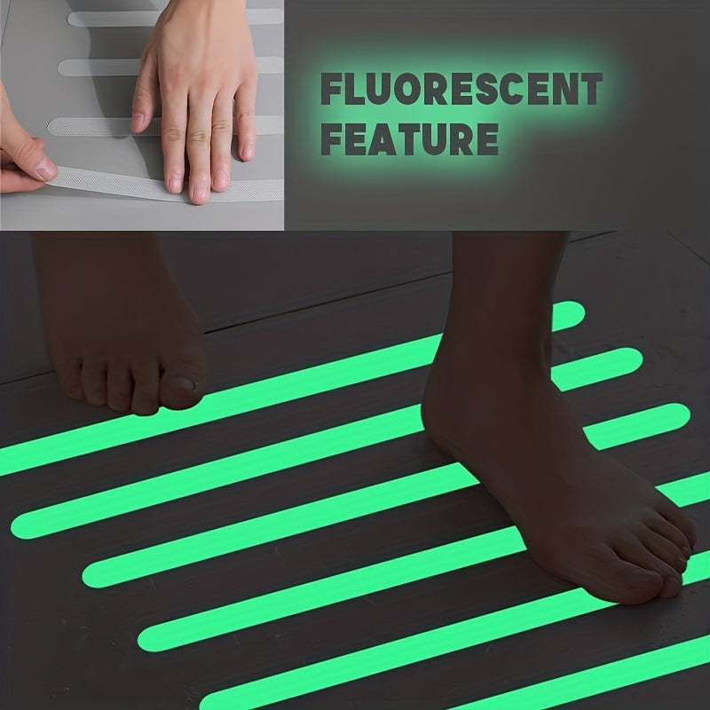 Six pieces of glow-in-the-dark waterproof and non-slip stickers with self-adhesive backing. These strips are perfect for ground steps and stairs, as well as bathroom bathtubs. They provide fluorescent anti-slip protection for added safety.