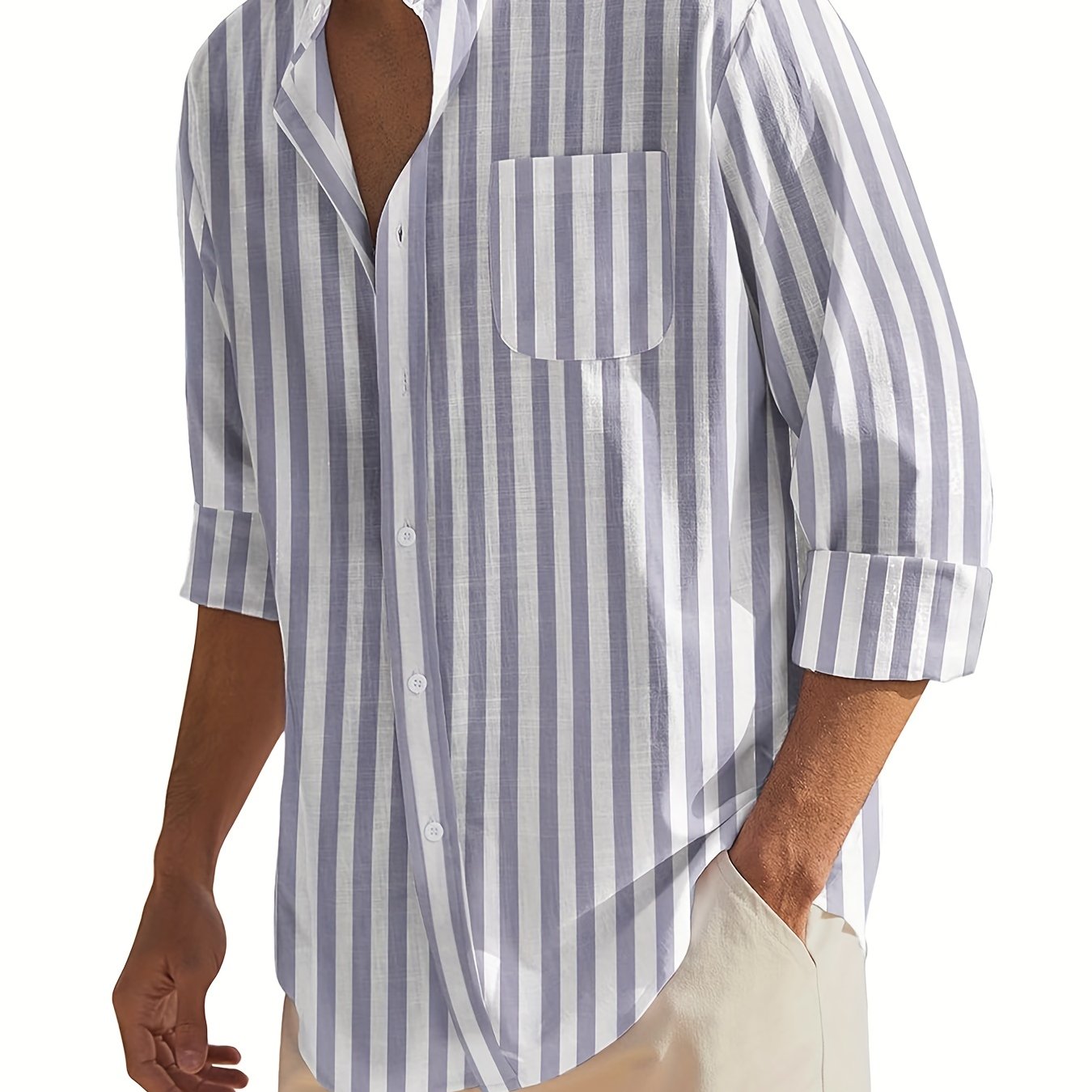 Men's vertical striped band collar shirt with long sleeves and regular fit, suitable for casual wear on the beach or for daily yoga.