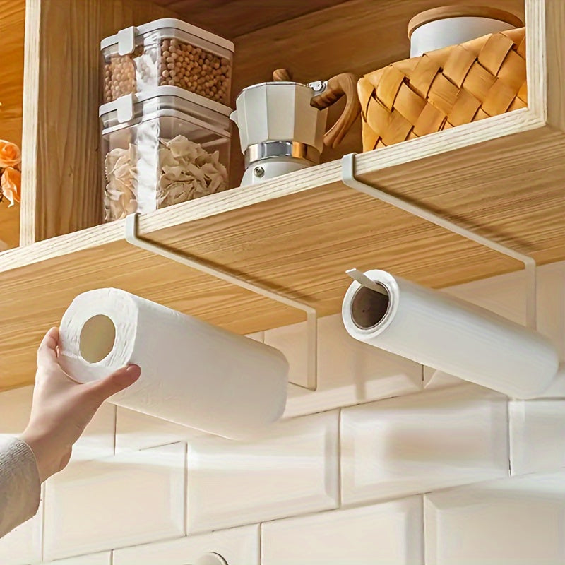 Simplify your kitchen with the 1pc Easy-Install Iron Kitchen Paper Towel Holder. This space-saving cabinet roll organizer requires no drilling and can also hold cling film and dishcloths. Its modern design makes it a stylish addition to your kitchen