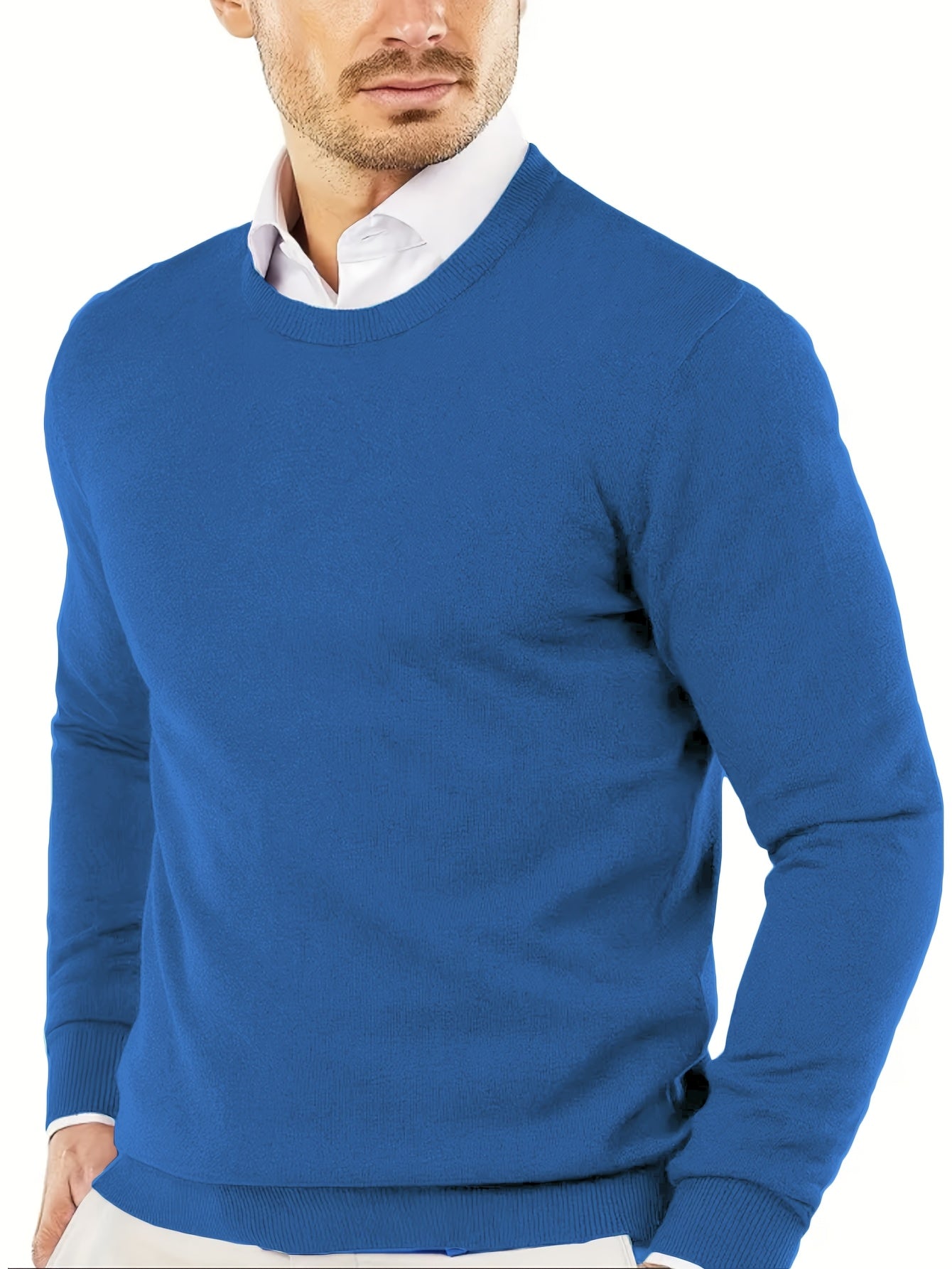 Men's premium solid color knit sweater, warm and comfortable with long sleeves. Ideal for fall/winter outdoor activities. Made with a rayon blend.