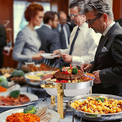 This set includes four 4-quart golden chafing dishes, complete with stainless steel round chafers topped with a glass lid for easy viewing. Each chafer also comes with a lid holder. Perfect for serving and keeping food warm at dinners, parties, weddings