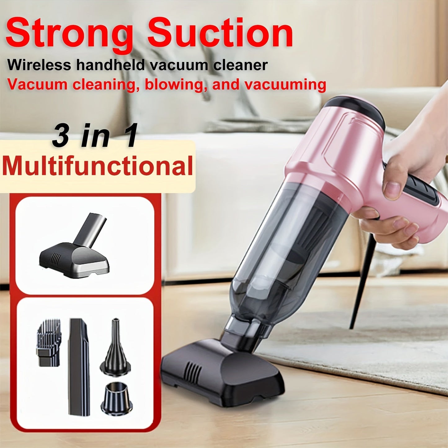 Pink Handheld Vacuum Cleaner with High-Power 45W - Cordless and Portable with Strong Suction for Wet and Dry Cleaning. USB Rechargeable, Comes with Dust Brush.