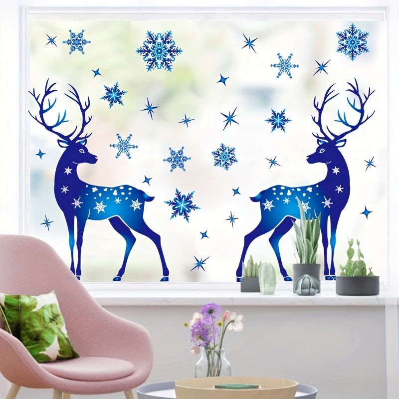 Christmas window decorations set including 5 pieces of window adsorption Christmas deer and snowflake stickers. Blue removable window decals perfect for Christmas party decoration.