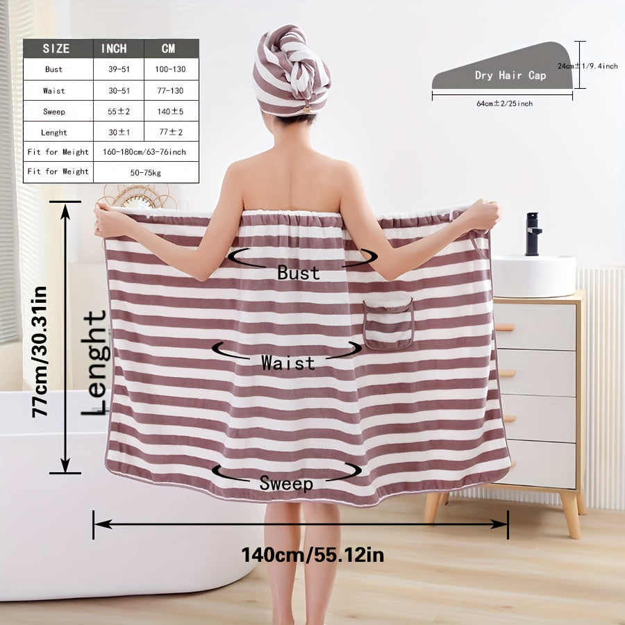 High quality 2-piece striped bath towel set includes soft cover up skirt towel and super absorbent hair drying towel. Perfect gift for skin-friendly shower experience. Ideal for bathroom and home supplies.