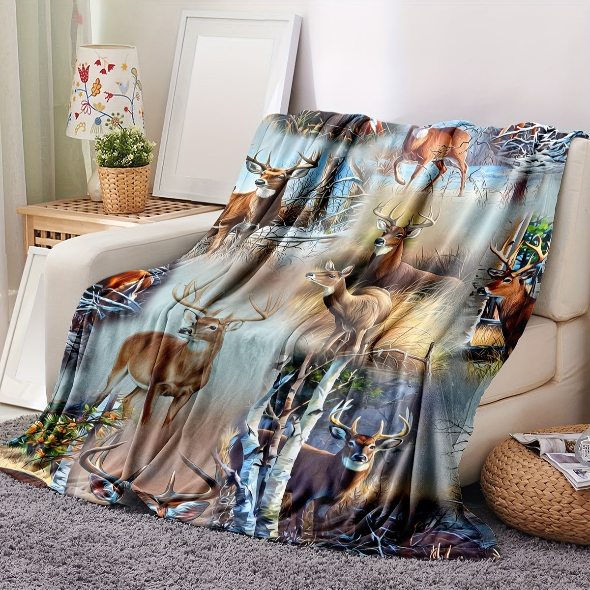 Soft and plush flannel throw blanket featuring a cozy deer-themed design. Perfect for snuggling up on the couch, bed, office, or while traveling. A versatile all-season gift suitable for boys, girls, and adults.