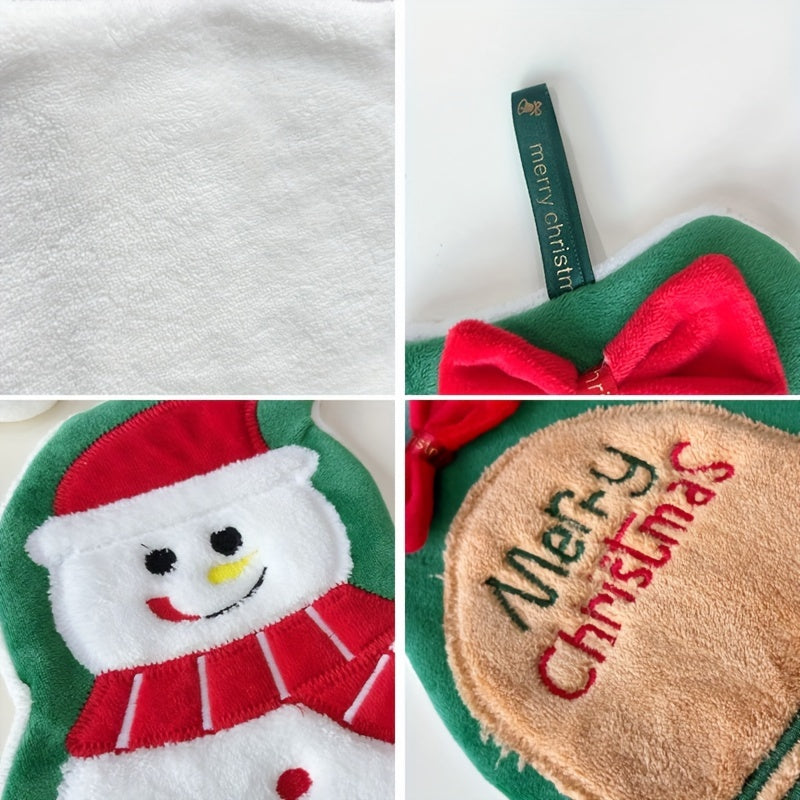 1 Festive Santa Claus hand towel made of thickened coral fleece, quick-dry and absorbent with a hanging loop. Features a cartoon snowman glove design for kitchen or bathroom use. Modern style with high absorbency, perfect for Christmas. Hand wash only