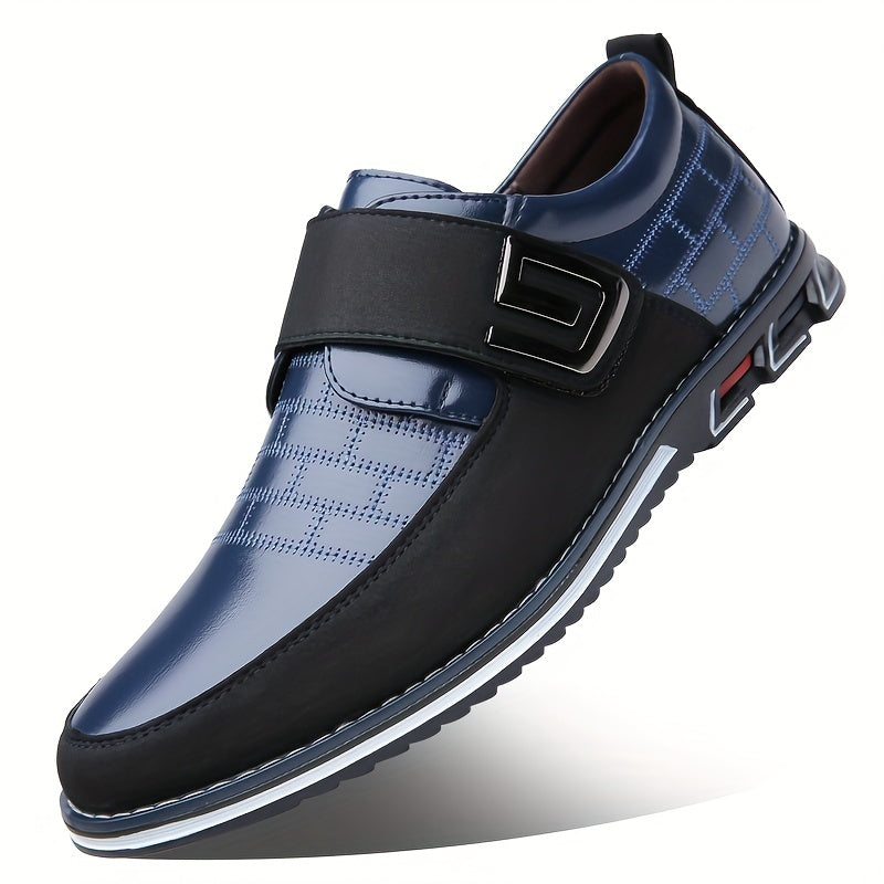 Men's dress loafers with hook and loop fastener for business or casual wear.