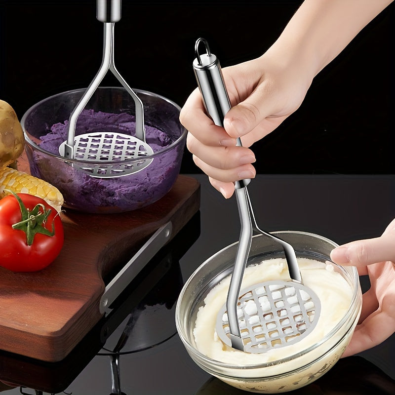 The Stainless Steel Potato Masher is a durable manual press that makes perfect mashed potatoes. This ideal kitchen gadget is great for youngsters' food and more, perfect for home use.