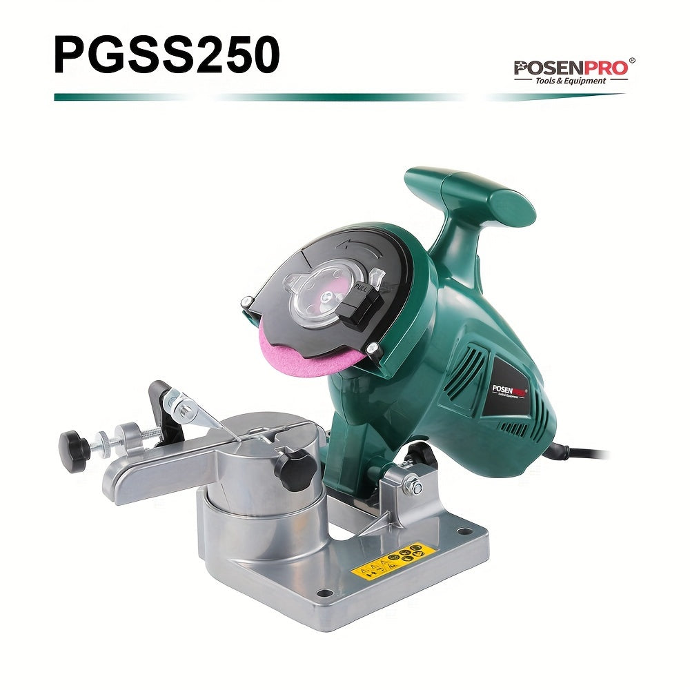 POSENPRO Electric Chainsaw Sharpener with 250W power, 10.16cm chain grinder in green. Features adjustable clamp, dual rotation, portable design, and efficient grinding. EU plug (220-240V).