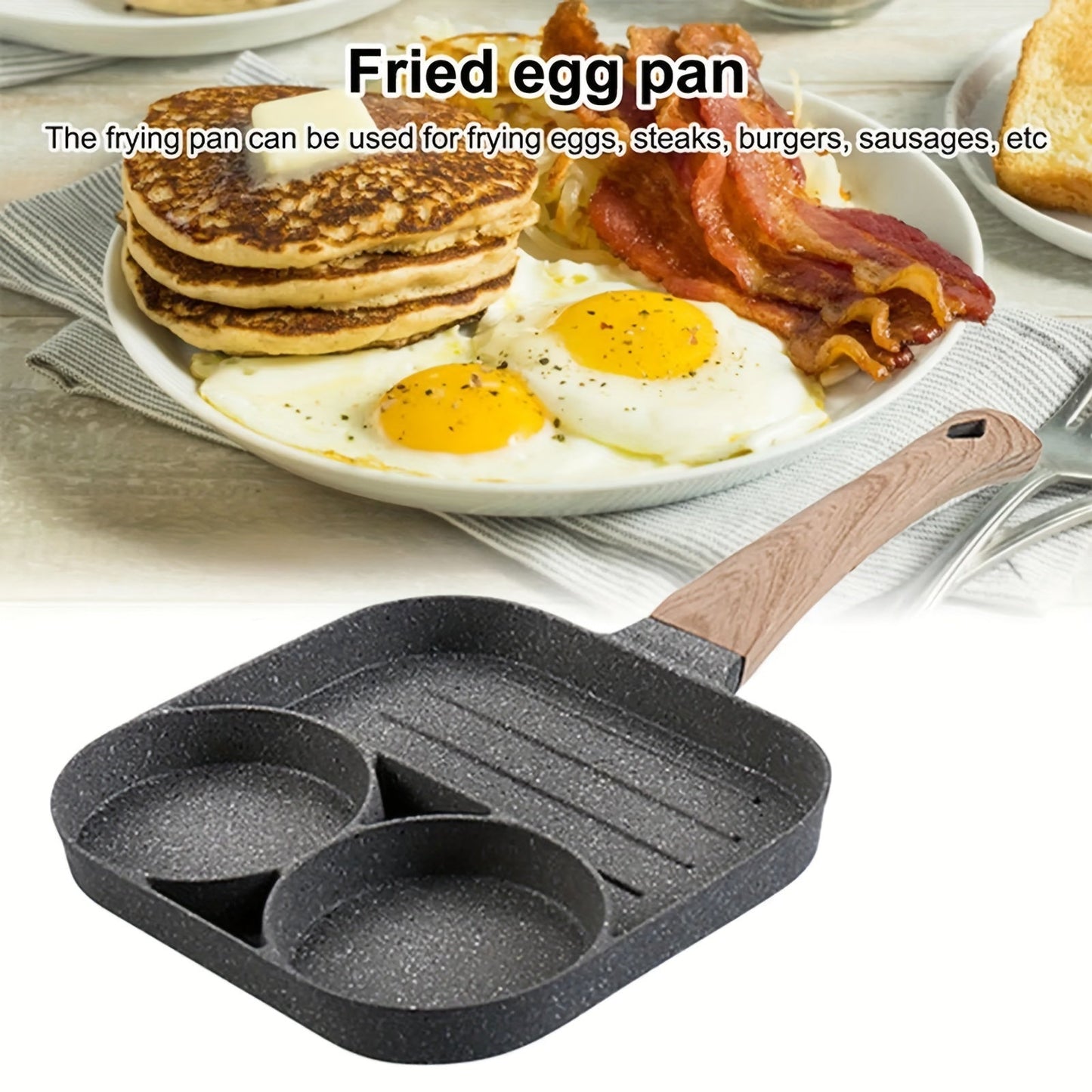 Kitchen accessory: Non-stick aluminum omelet pan with a wooden handle. Perfect for pancakes, bacon, and burgers. Hand wash only. Compatible with gas stove and induction cooker. Perfect breakfast pan.