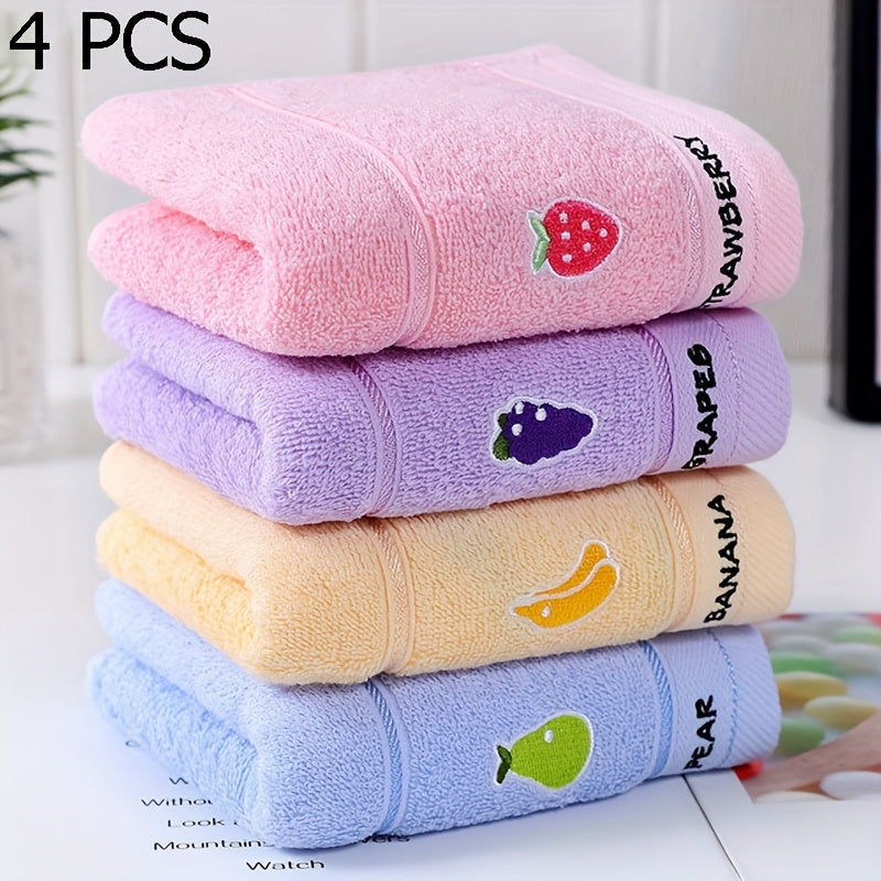 4-Pack of fruit embroidered hand towels, made of super soft knit fabric, 400gsm, hand wash only, perfect for daily use.