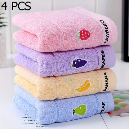 4-Pack of fruit embroidered hand towels, made of super soft knit fabric, 400gsm, hand wash only, perfect for daily use.