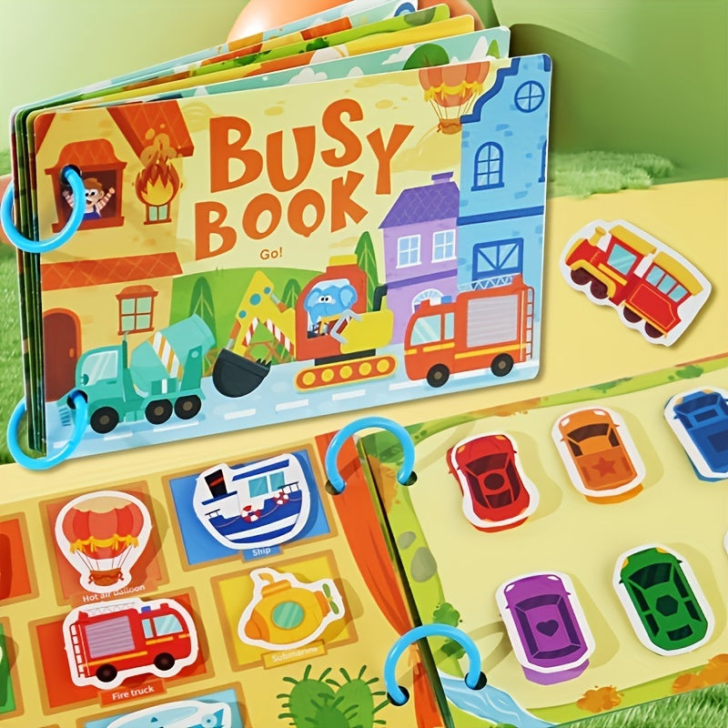 Interactive educational busy book for ages 3+ with alphabet and logic activities. Vibrant paper materials make it an early learning cognitive game, perfect for preschoolers.