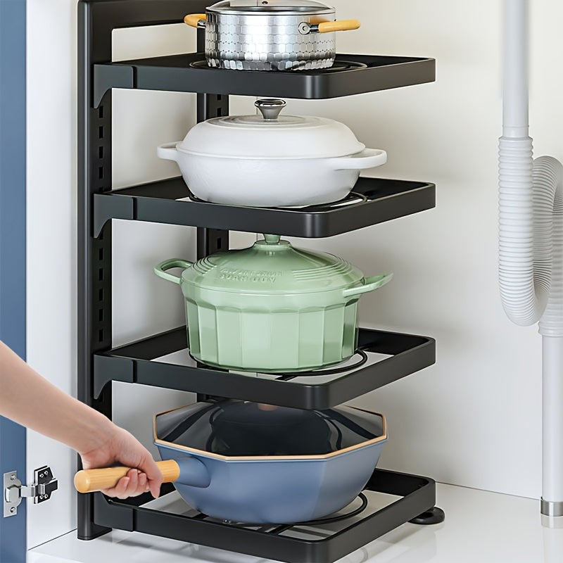 Stainless steel pot rack with adjustable height, available in 3-tier or 4-tier options. Ideal for kitchen or restaurant use, with durable metal construction and space-saving design.