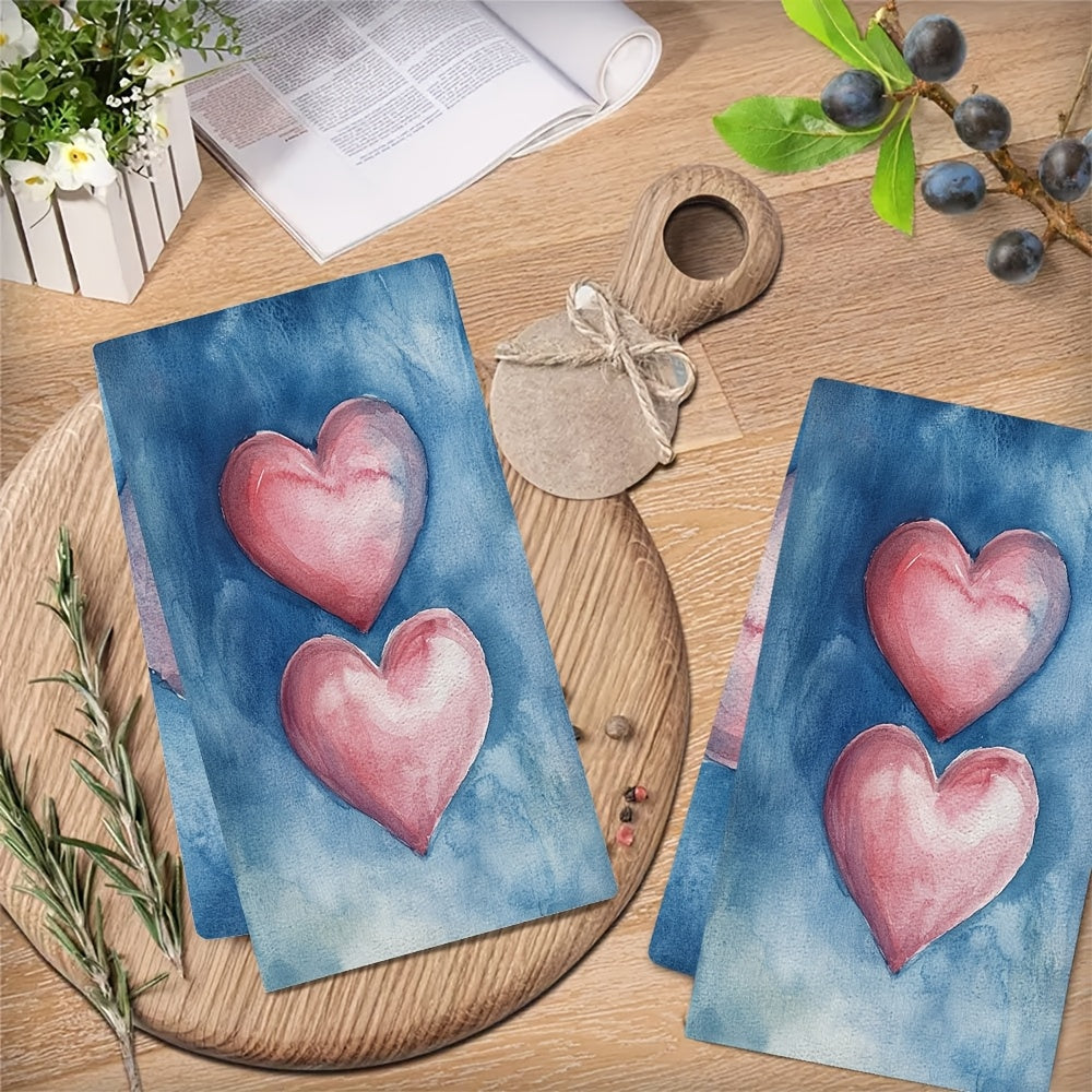 This set includes two ultra-soft kitchen towels with Valentine's hearts design, perfect for drying dishes. They are highly absorbent, suitable for holiday decoration, and can be easily machine washed. Each towel measures 40.64X60.96 cm.