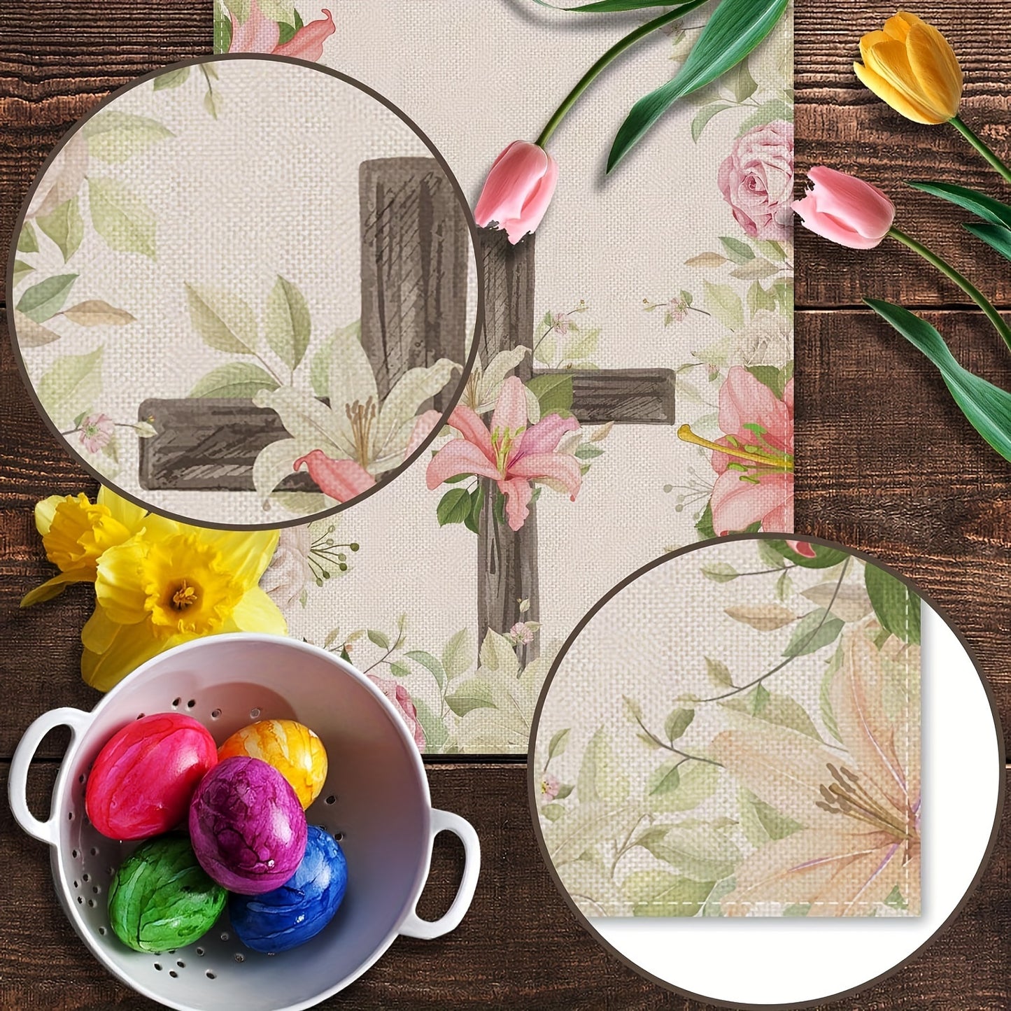 Easter-themed table runner for home decoration featuring "He is Risen" slogan