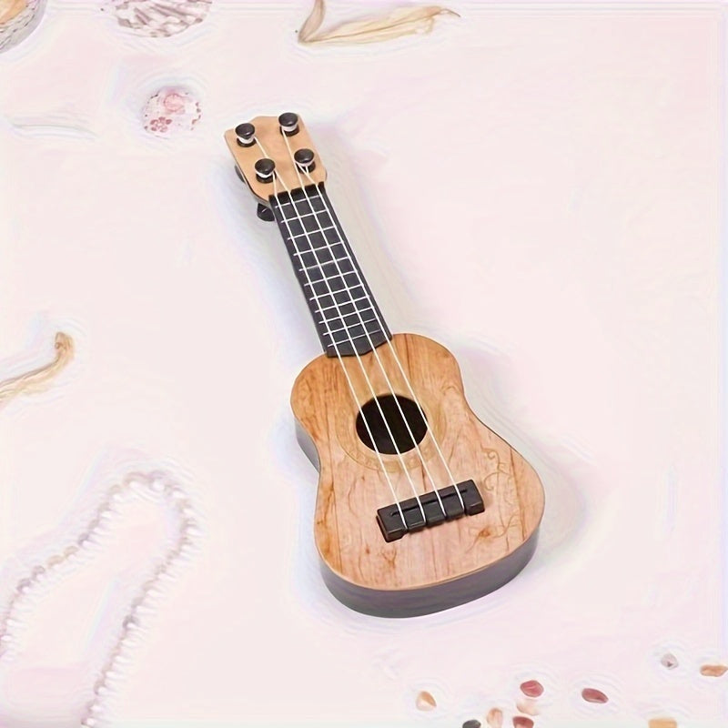 Mini playable uke instrument figurine made of plastic for home and office decor, ideal gift for music enthusiasts.