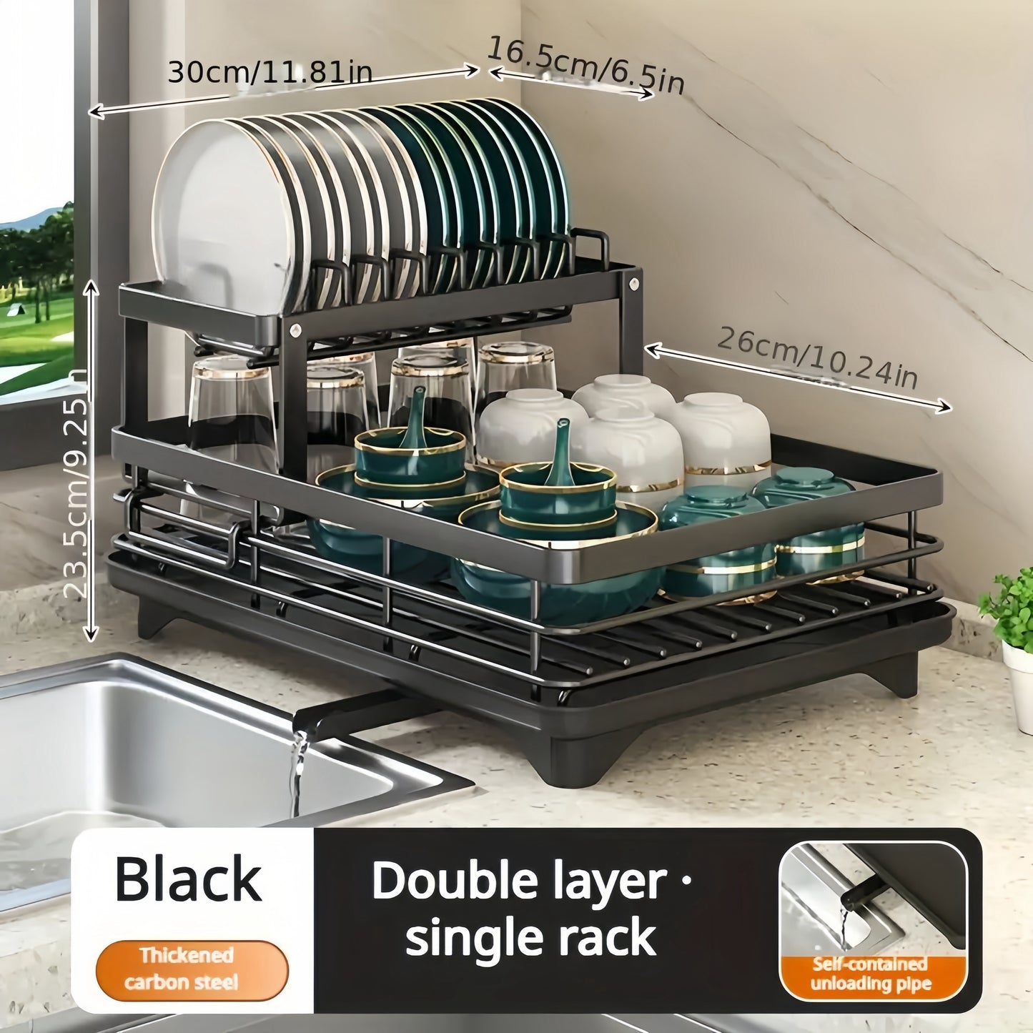 Compact double layer dish rack with drain board - high capacity, stackable & easy to clean, with cup and cutlery holder - ideal for kitchen organization.