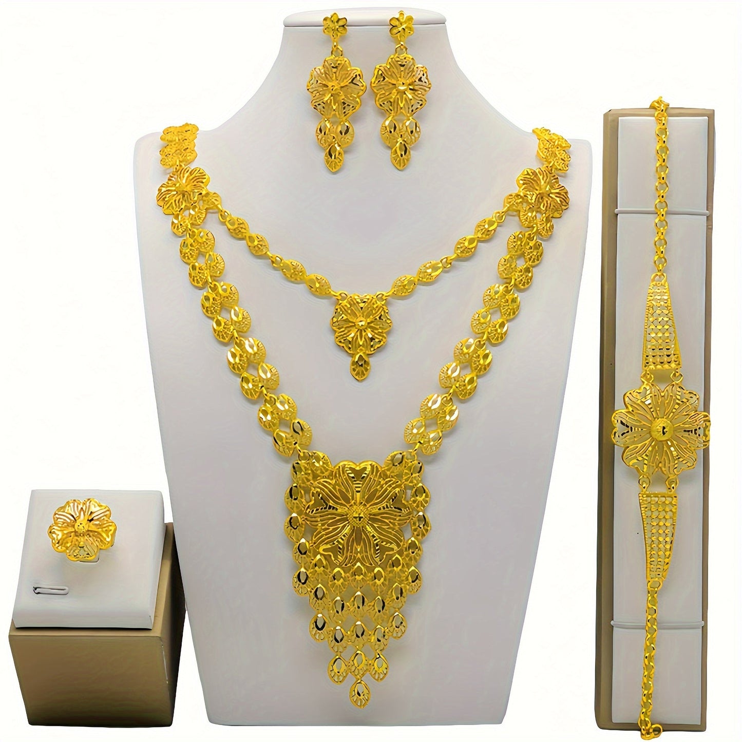 Elegant Bridal Jewelry Set - 5-Piece Stunning Alloy Necklace, Earrings, Ring, and Bracelet Combination Perfect for Weddings and Special Occasions