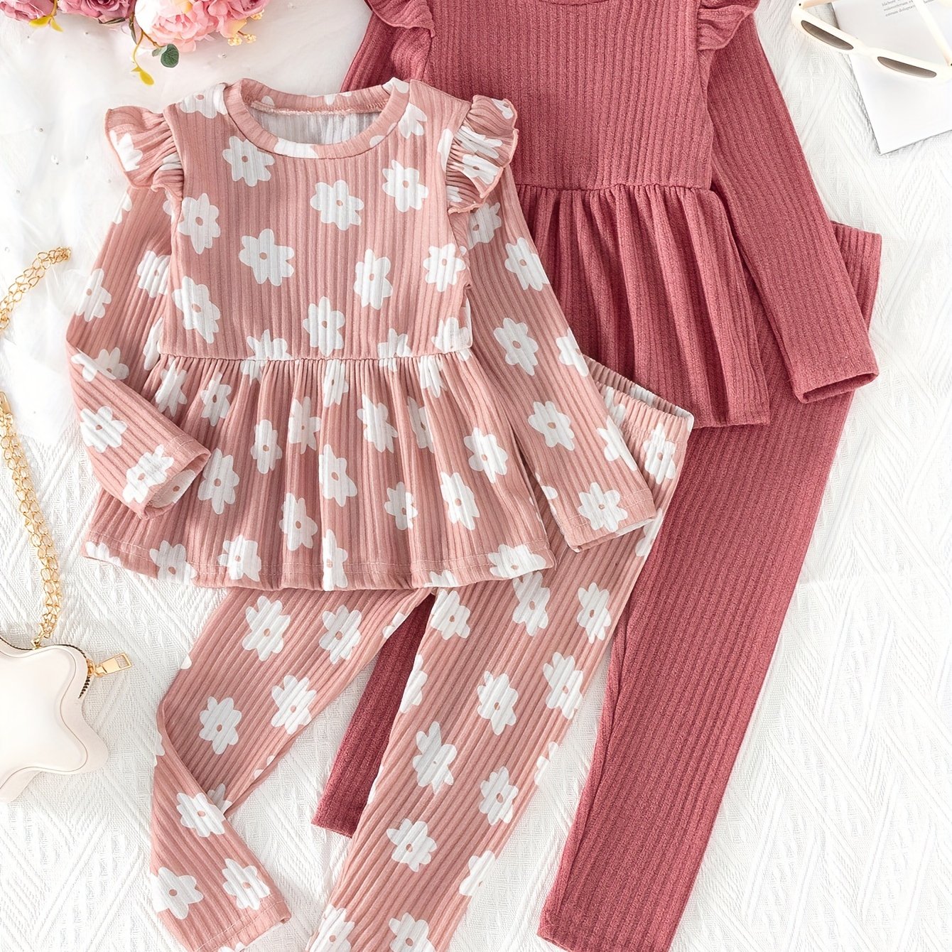 (Floral + Solid) 2 Sets Girls Long Sleeve Peplum Tee + Casual Pants Co-ords Set - Cute Spring/Fall Outdoor Clothes Gift