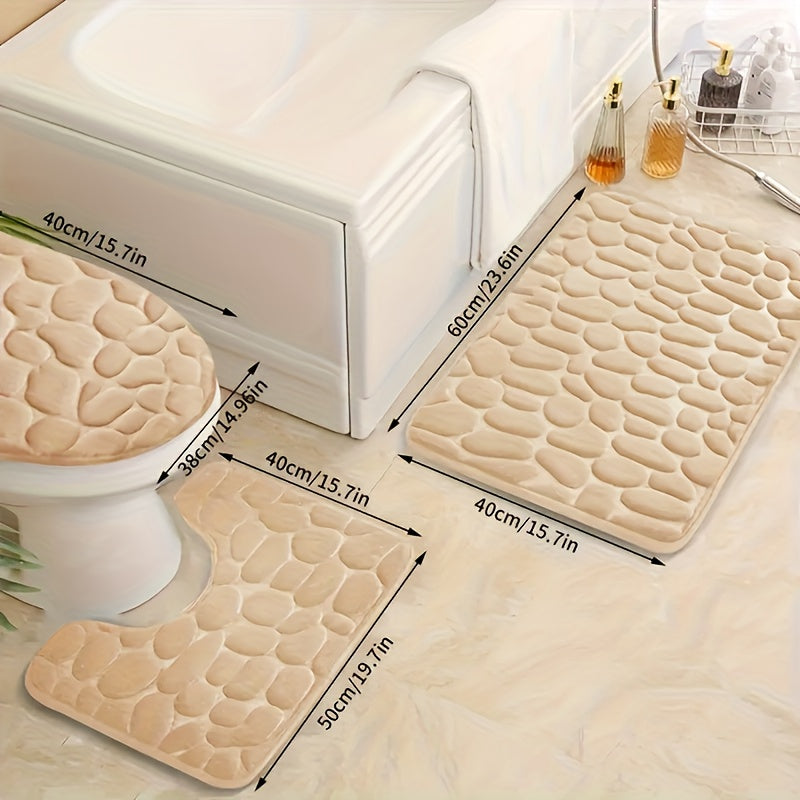 3-piece thick memory foam bath mat set with ultra-absorbent, non-slip coral fleece material. Machine washable and features a geometric pattern for bathroom decor.