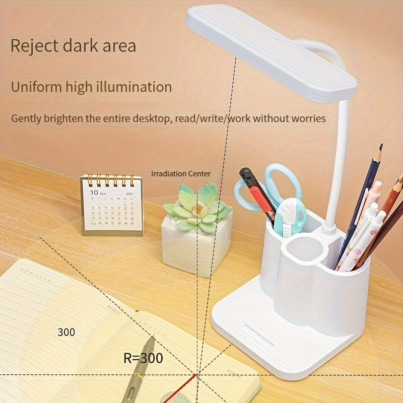 Adjustable LED desk lamp with touch control, eye-care technology, rechargeable battery, ideal for bedroom or study.