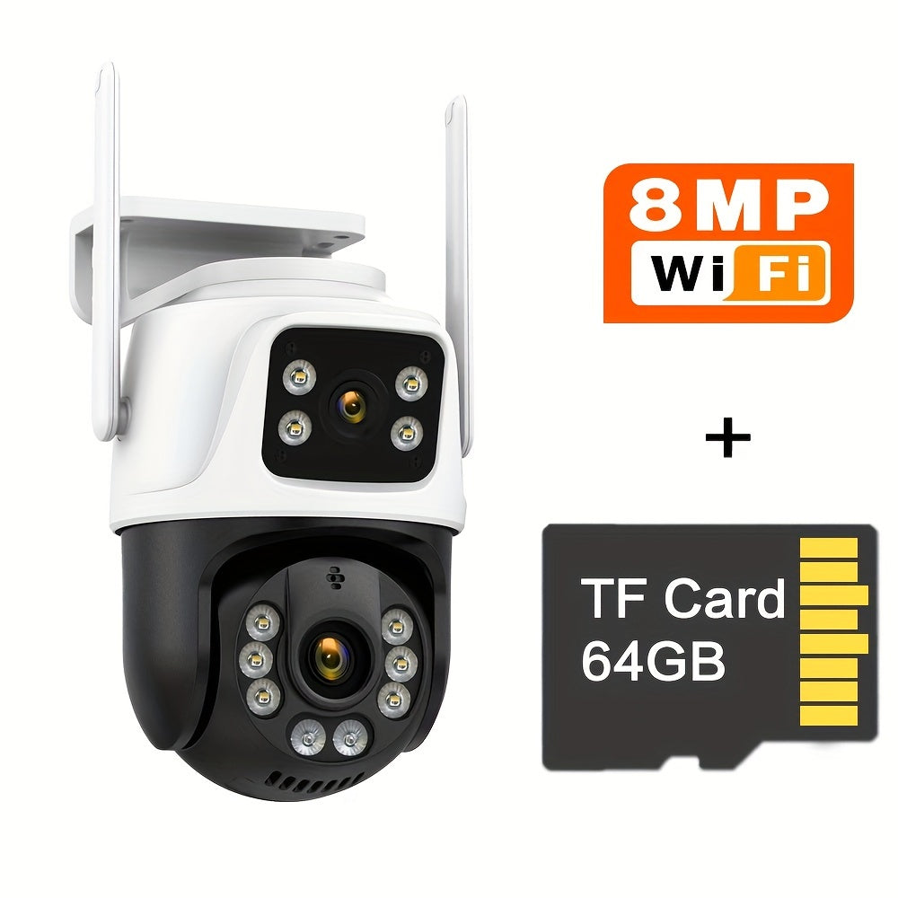 1 x 4K 8MP WiFi Security Camera with 2 x 4MP Lenses, Total 8MP Dual Lens 2.4GHz Wireless IP Camera for Home Security. Features include AI Human Tracking, Color Night Vision, Two-way Audio