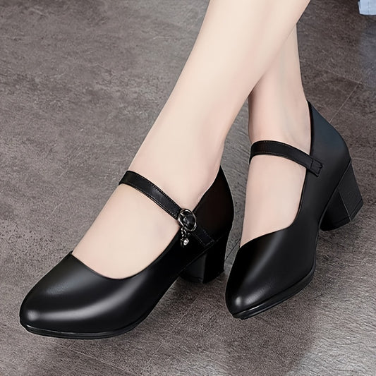 Women's solid color chunky heels with pointed toe, buckle strap, and stylish design.