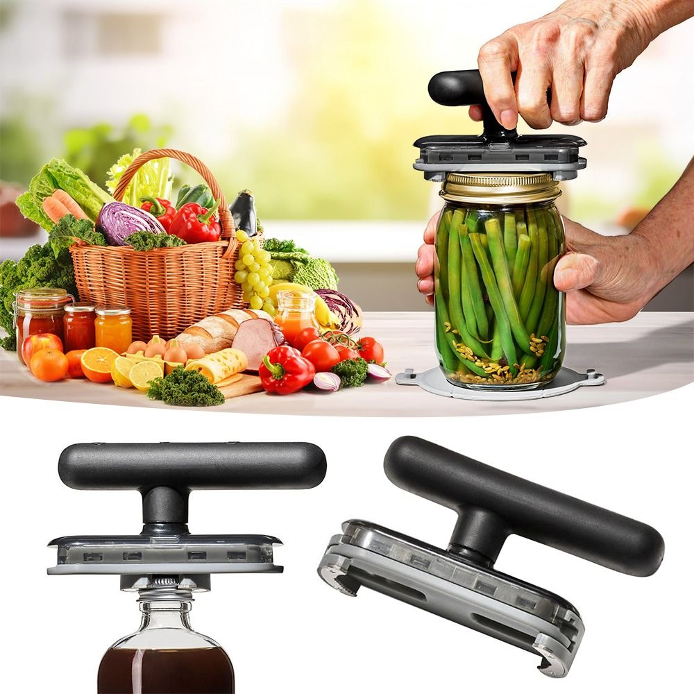 Adjustable manual jar opener for easy lid removal, suitable for various lid sizes. Effortless operation, no power needed. Perfect for home and parties.