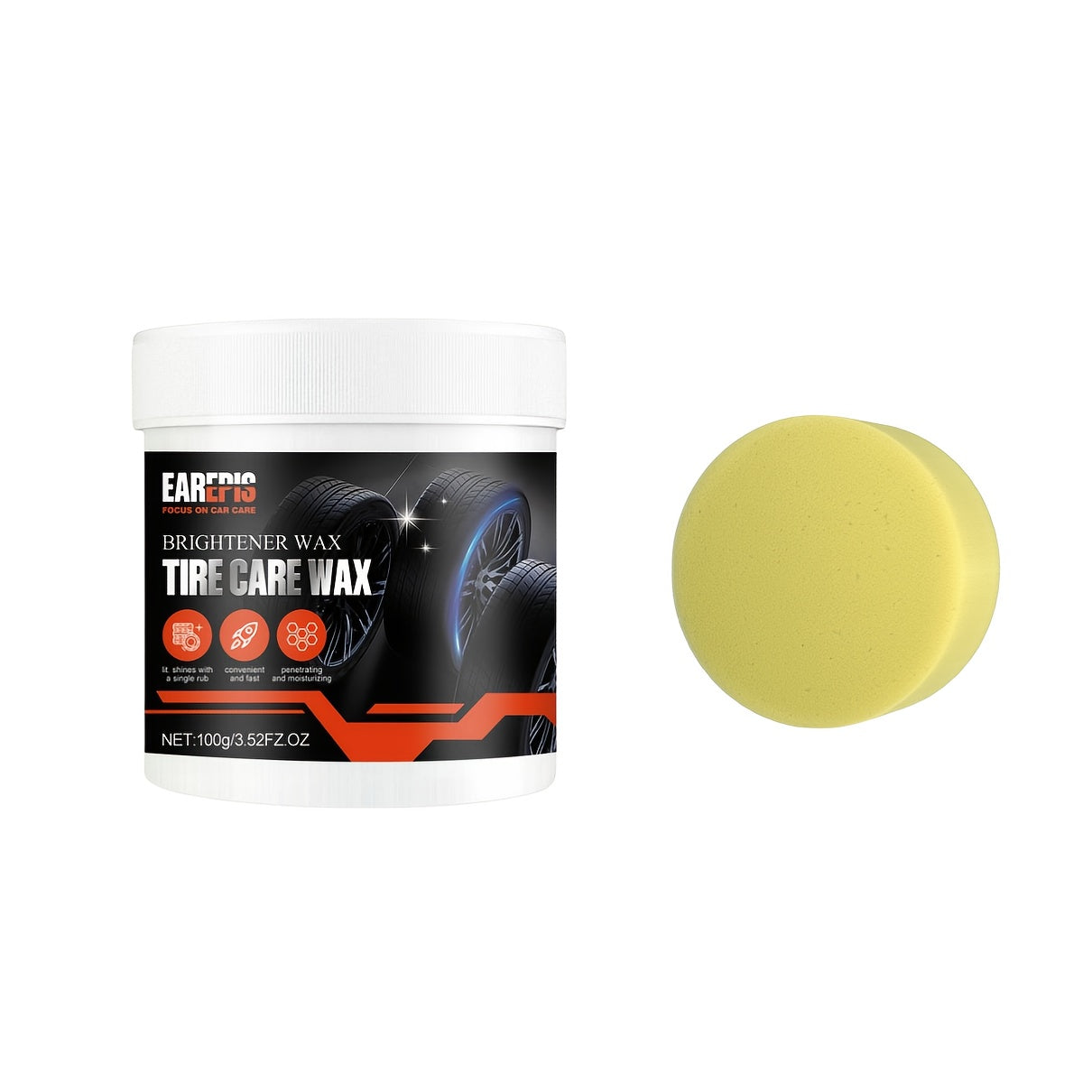 EarthCare's Tire Shine Wax comes in a convenient package with a sponge applicator. Enriched with coconut oil, this smokeless formula is perfect for enhancing the shine of plastic surfaces. Enjoy a quick restoration of a brighter shine with this product.