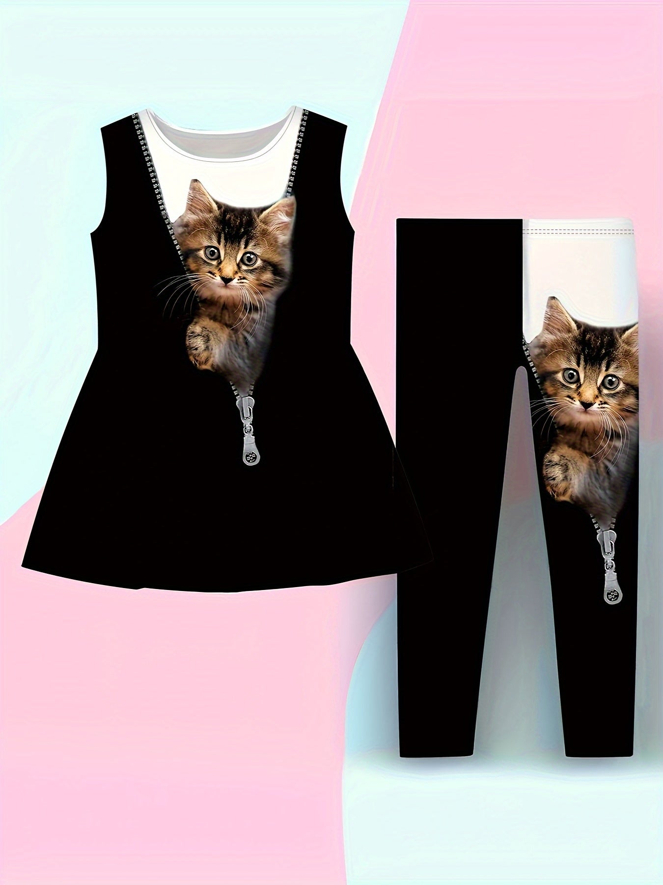 2 piece set for girls featuring a cat graphic sleeveless crew neck t-shirt and pants, perfect for summer outdoor wear. Great as a gift.