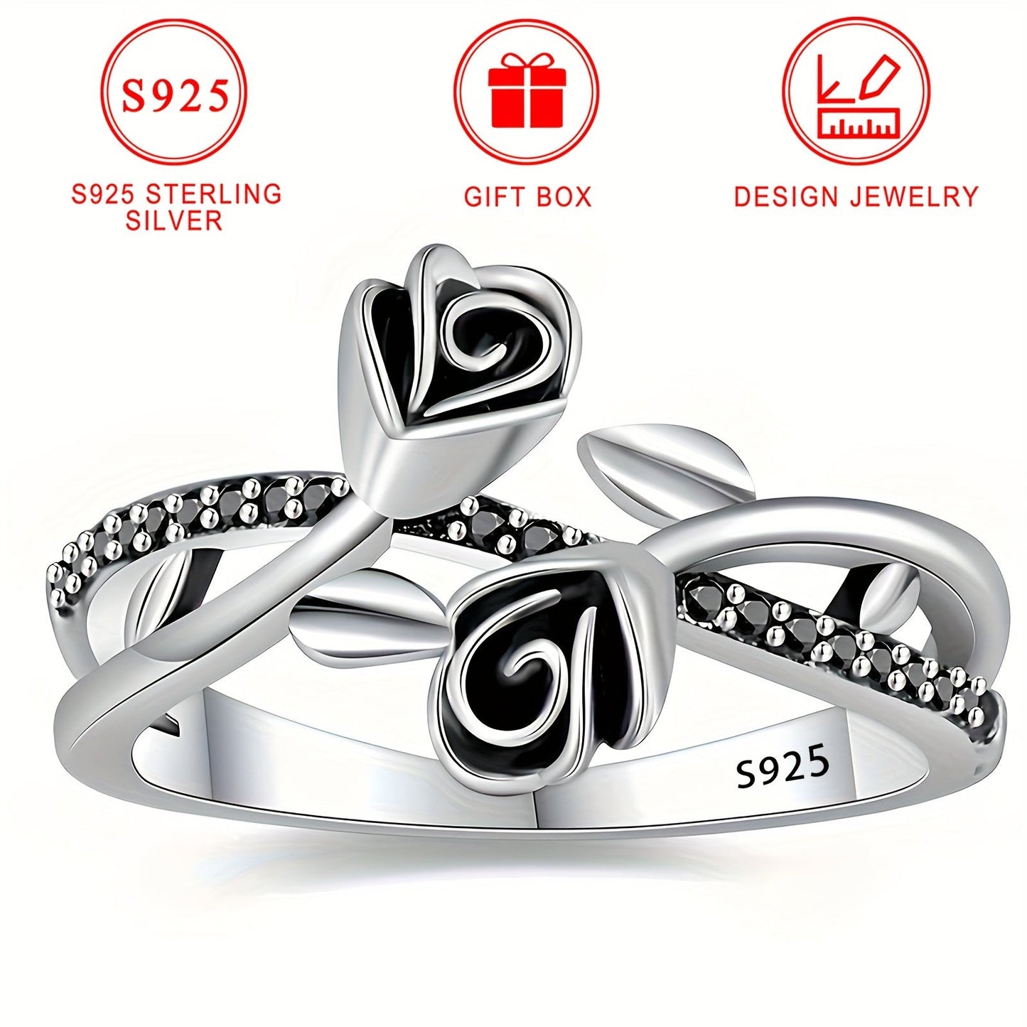 Chic Vintage Style S925 Silver Cross Ring featuring a Black Rose design with sparkling Cubic Zirconia stones. Ideal for Everyday Wear, Special Occasions like Parties, Weddings, Anniversaries. Hypoallergenic and Nickel-Free. Comes with Gift Box.