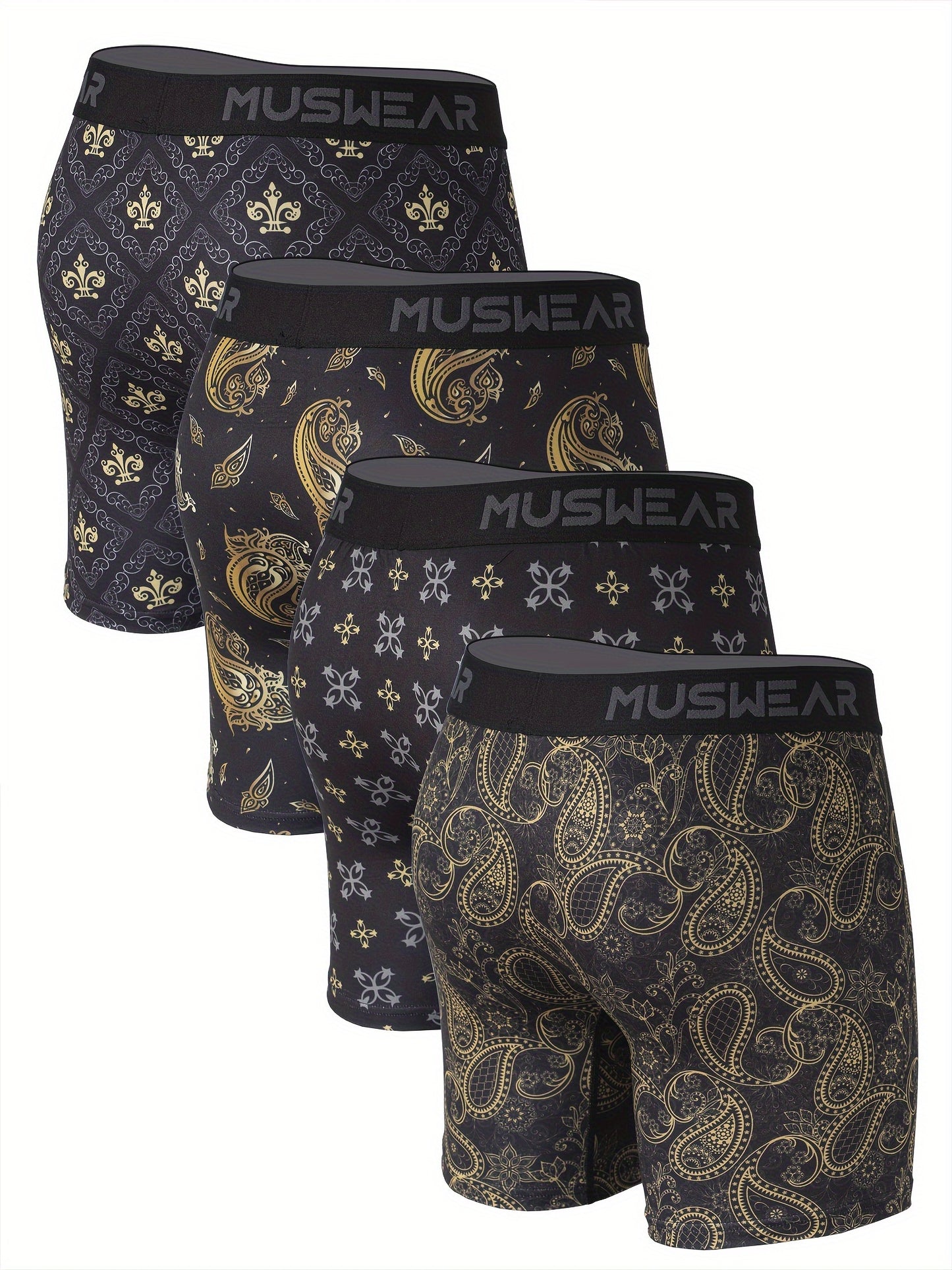 Men's Quick-Dry Boxer Briefs with Baroque Print, Side Openings, Stretchy Polyester & Spandex Blend